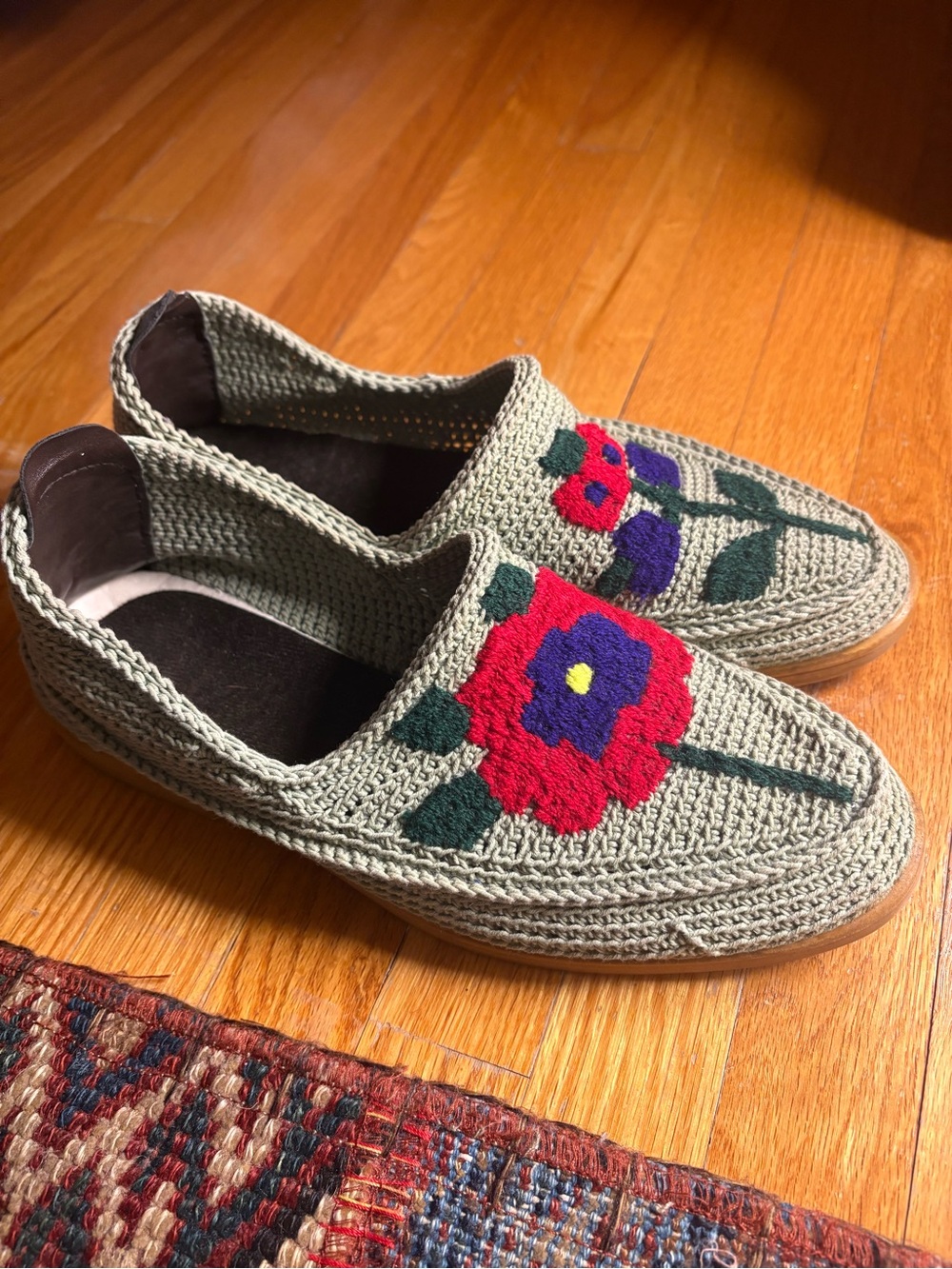 Handcrafted Green Crochet Slip-On Shoes with Floral Embroidery
